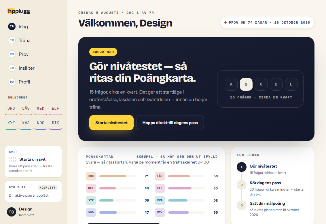 Startsidan i hpplugg: dagens pass, nivåtestet och Poängkartan.
